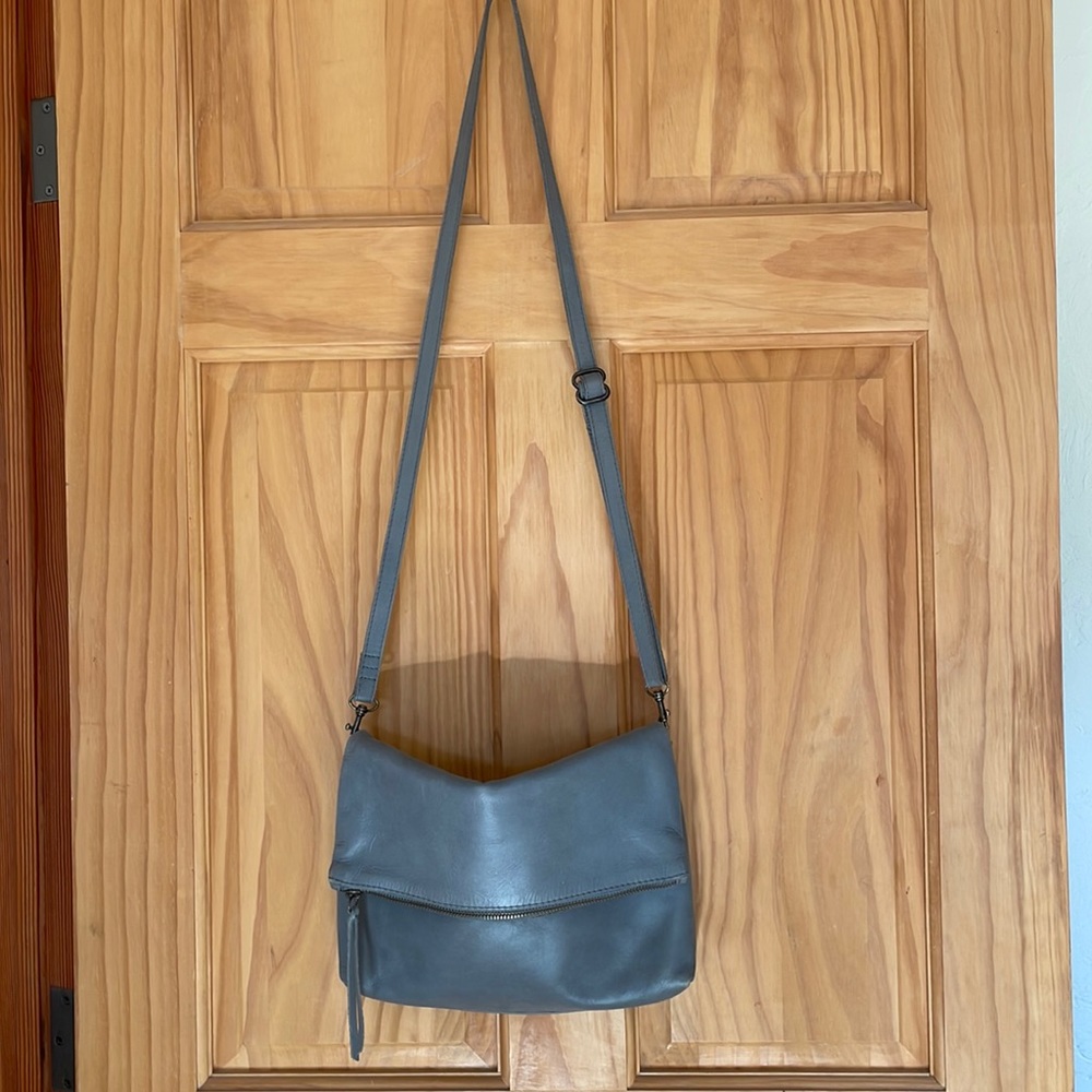 Able fashion gray leather fold over clutch/crossbody handbag